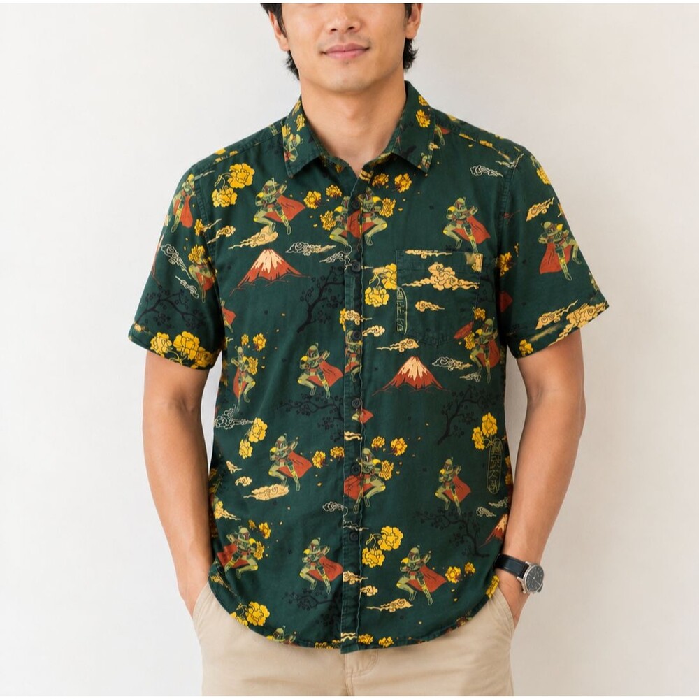 Star Wars Boba Fett Japanese Mount Fuji Print Button Up Shirt Size Small